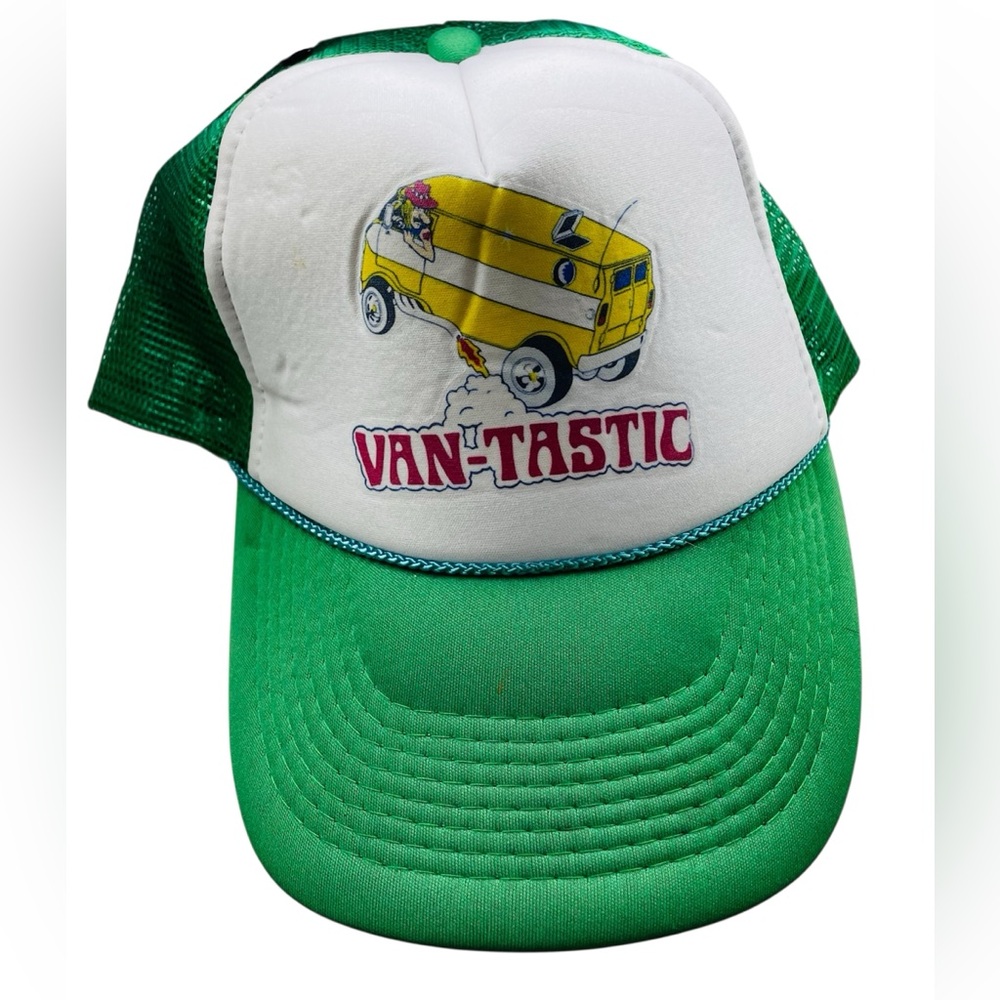 Green and White Trucker Hat with Retro Van Graphic